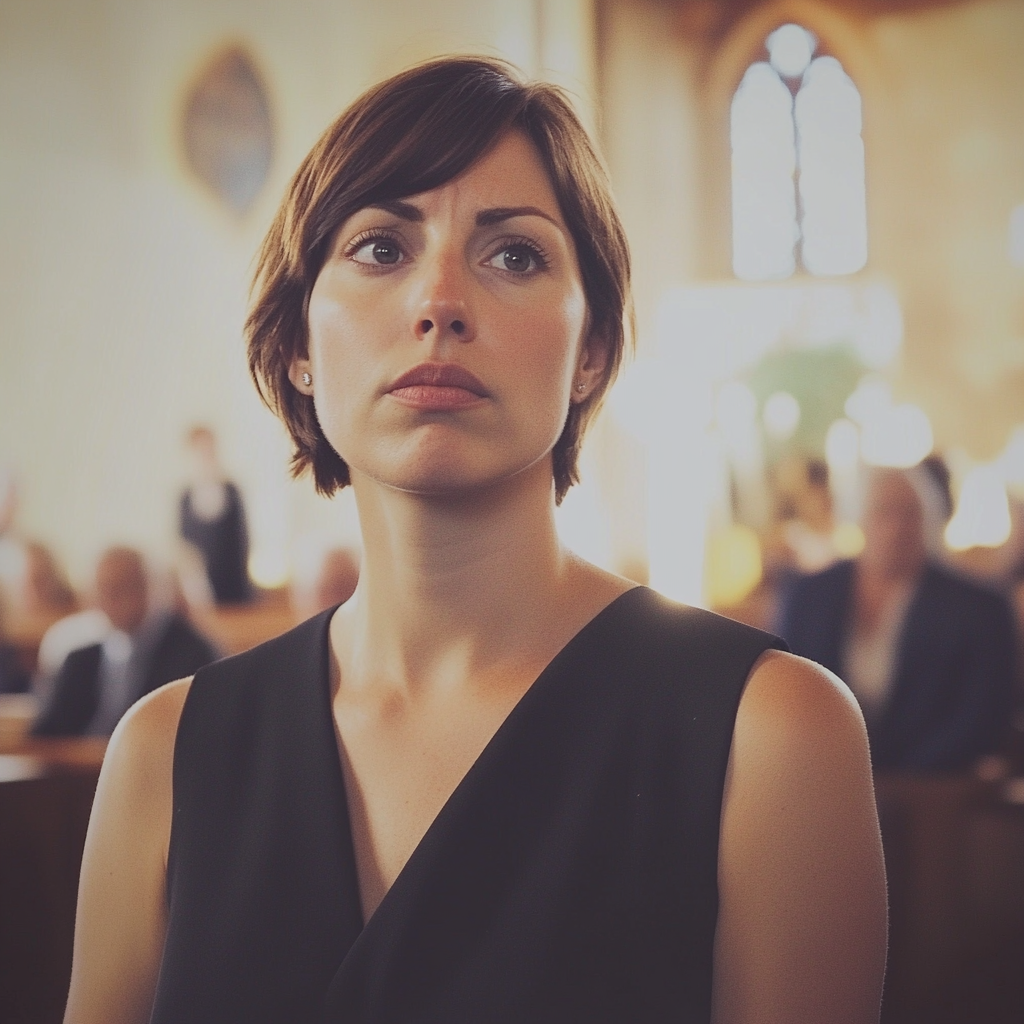 A frowning woman in a church | Source: No source