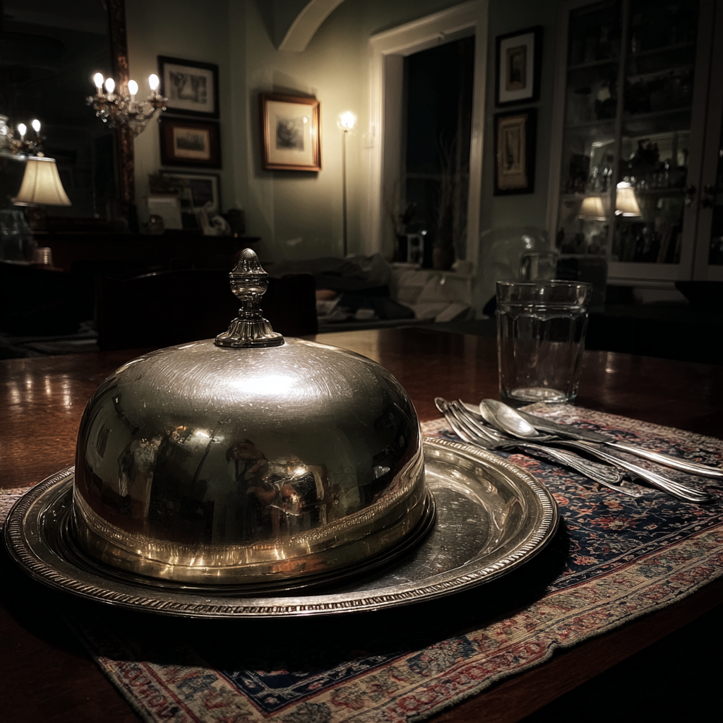 A silver cloche on a table | Source: no source