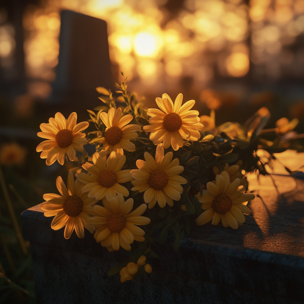 A bouquet of yellow daisies on a gravestone | Source: no source