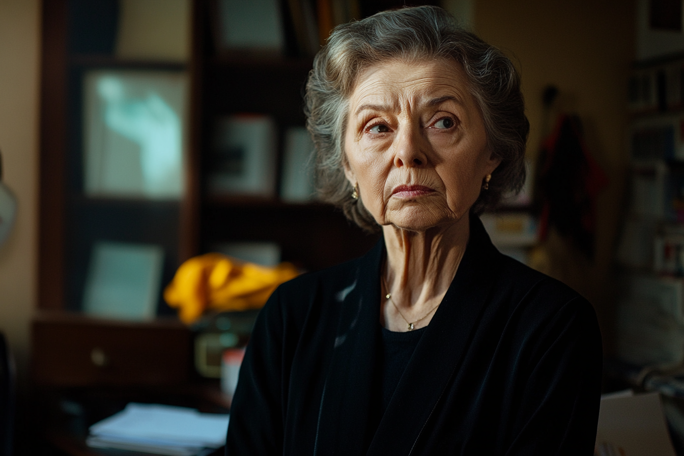 Serious old woman in a study looking to the side angrily | Source: no source