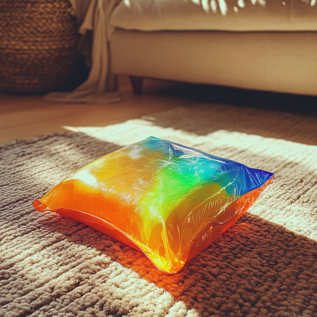 A colored ice pack on a carpet | Source: No source