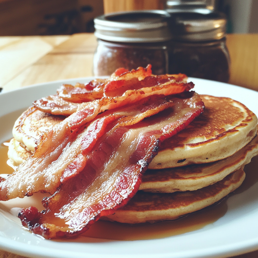 A plate of pancakes and bacon | Source: no source