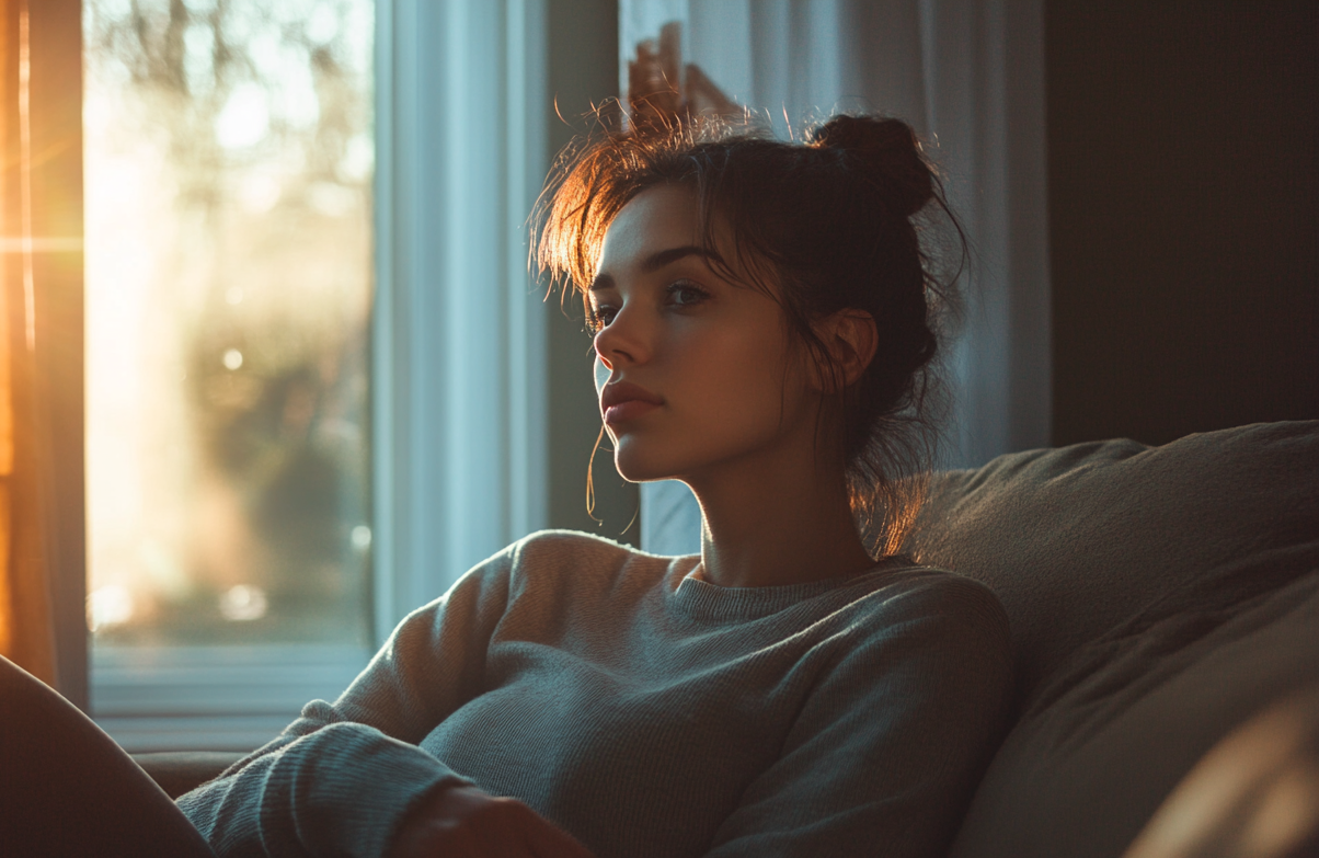 A woman sitting in her living room, thinking | Source: No source
