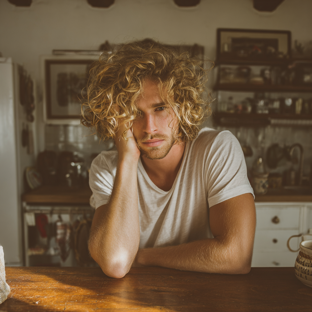 A man sitting at a kitchen counter | Source: no source