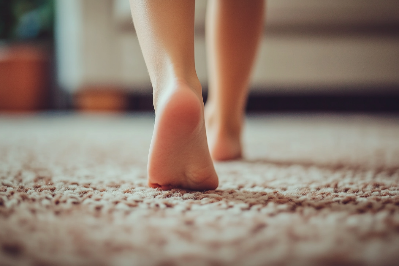 A girl walking barefoot on a carpet | Source: No source