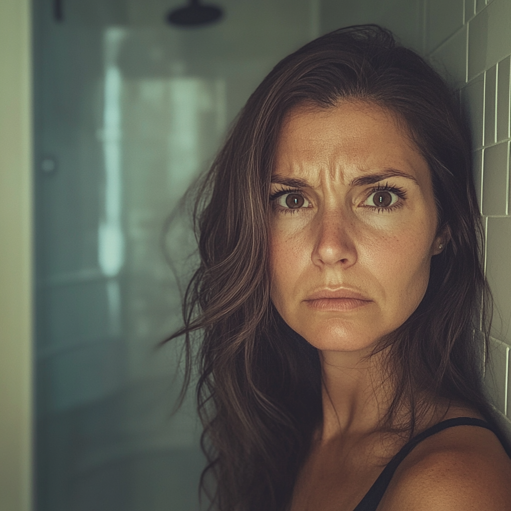 An upset woman in a bathroom | Source: No source