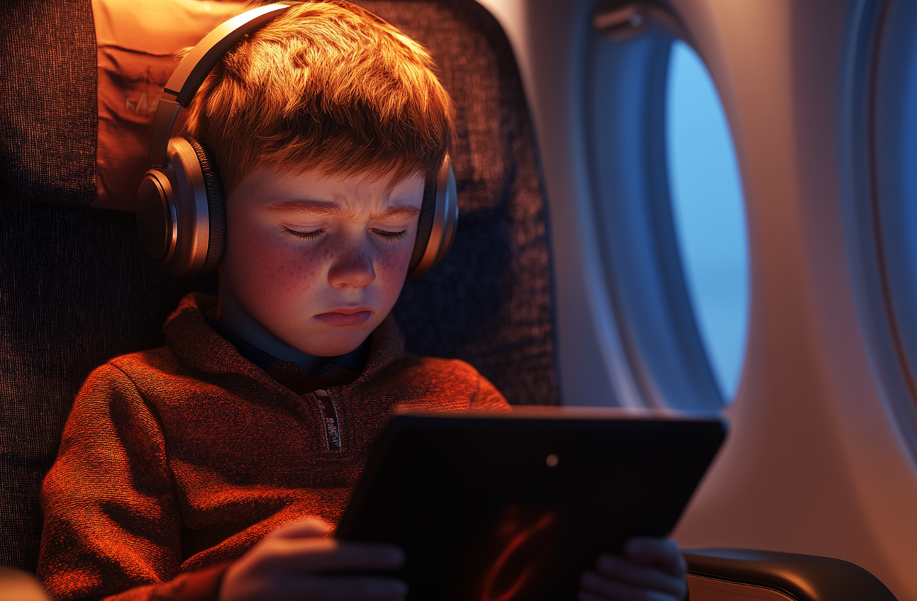 A boy wearing headphones sitting inside a plane | Source: no source