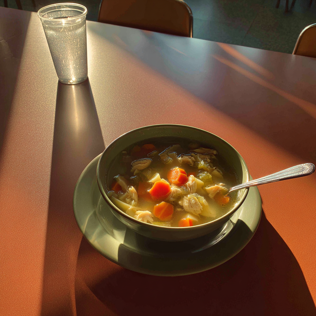 A bowl of chicken soup on a table | Source: No source