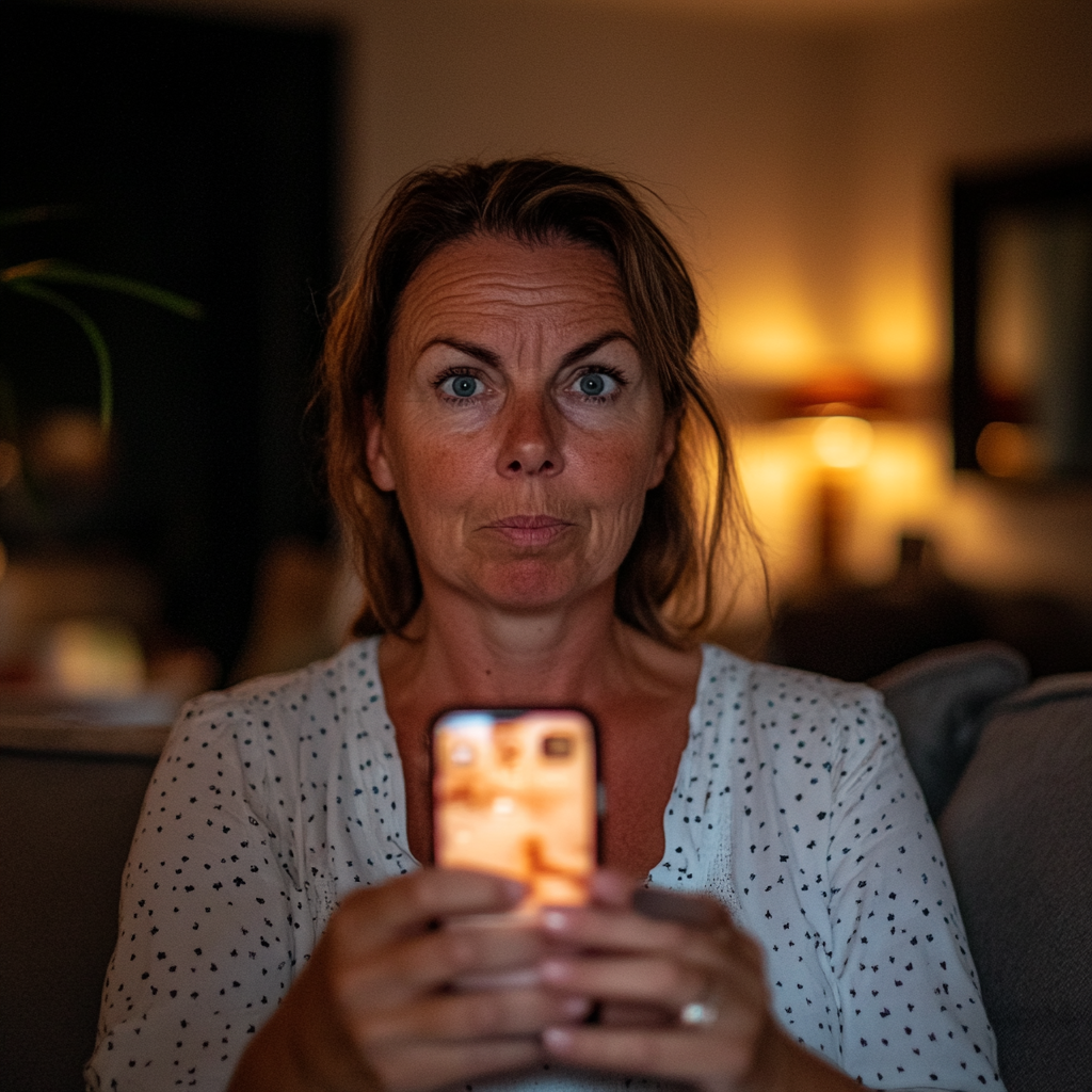 A woman holding her phone up in her living room | Source: no source