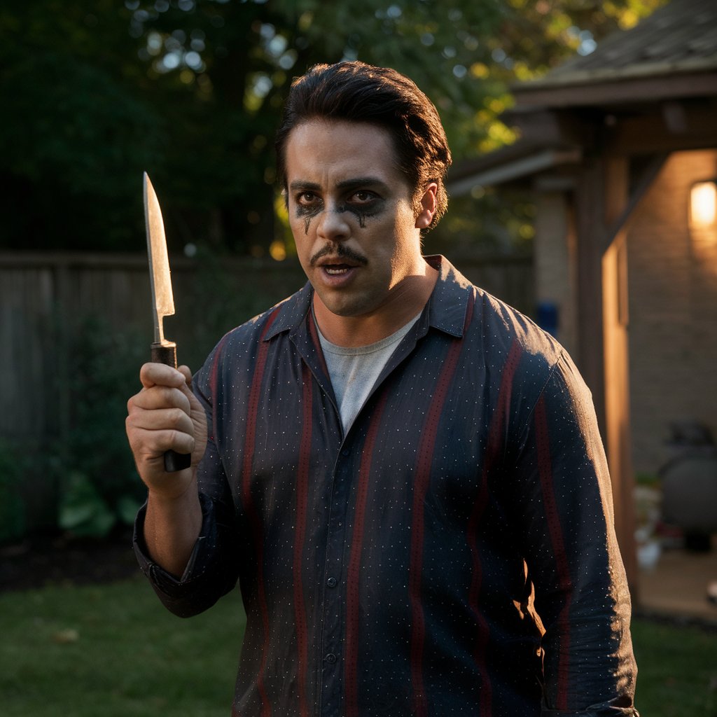 A man in fancy-dress, holding a fake knife | Source: No source