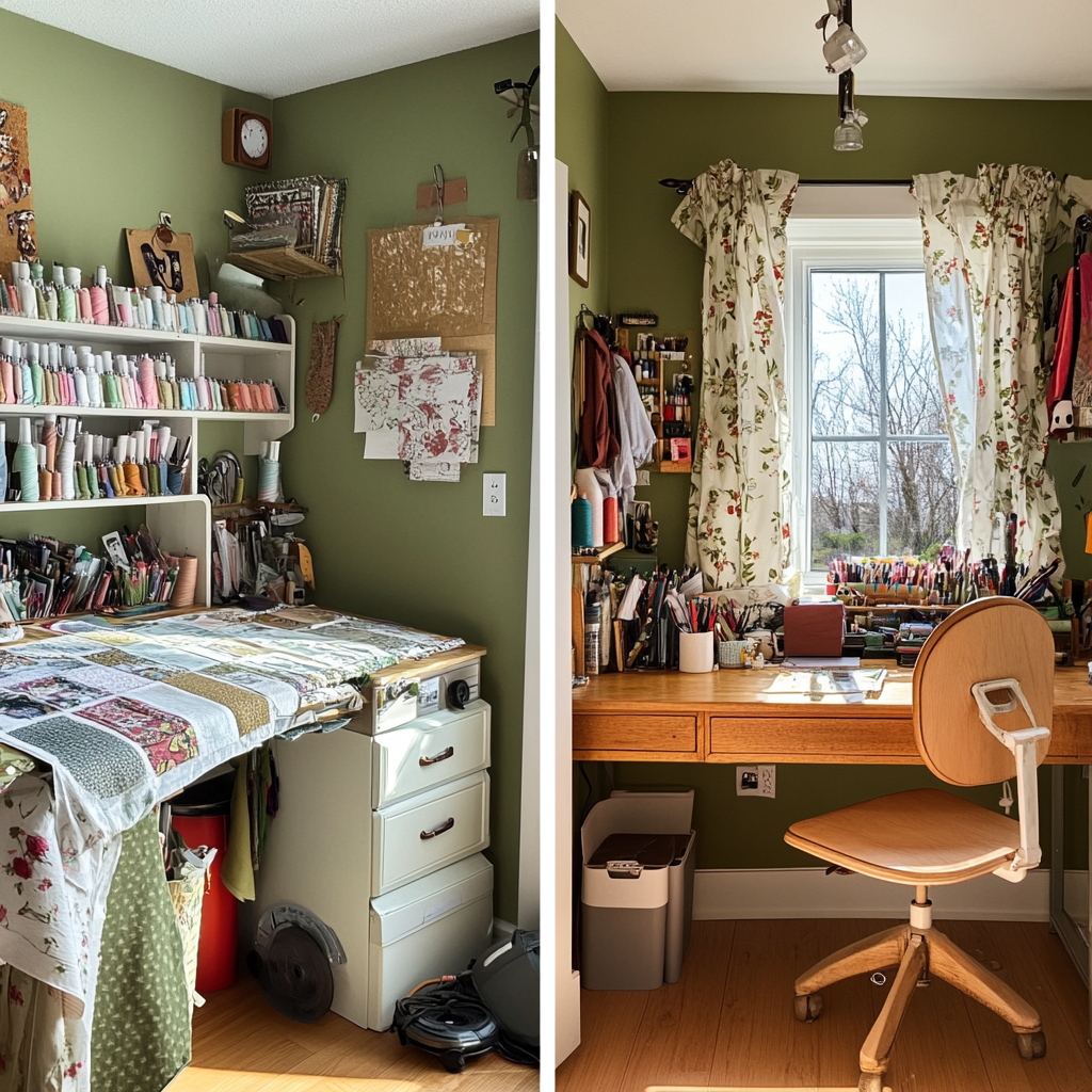 A brightly lit room containing a wooden desk and samples of sewing patterns | Source: no source