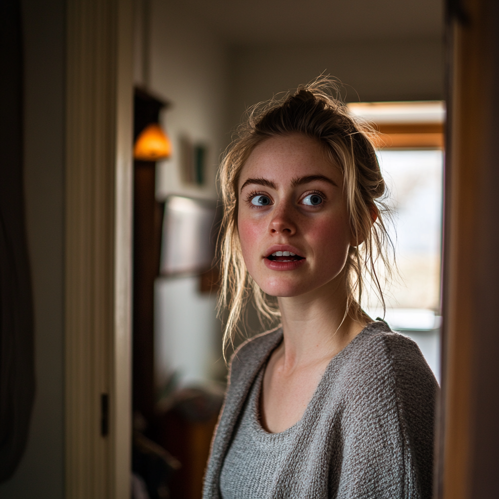 A woman looks startled while standing inside a house | Source: No source
