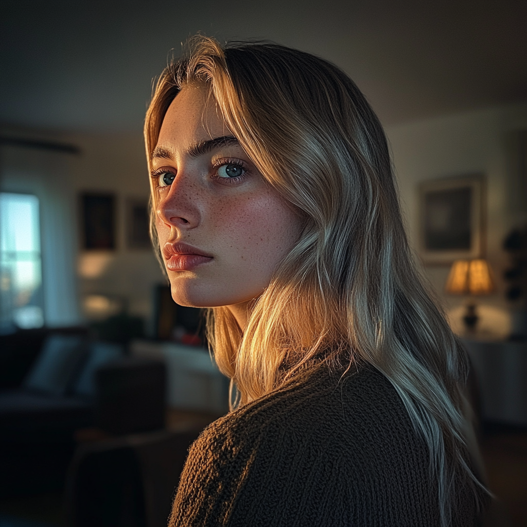 A frowning woman in her living room | Source: No source