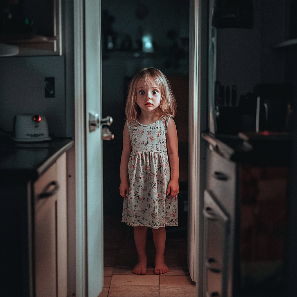A scared girl in the kitchen doorway | Source: No source