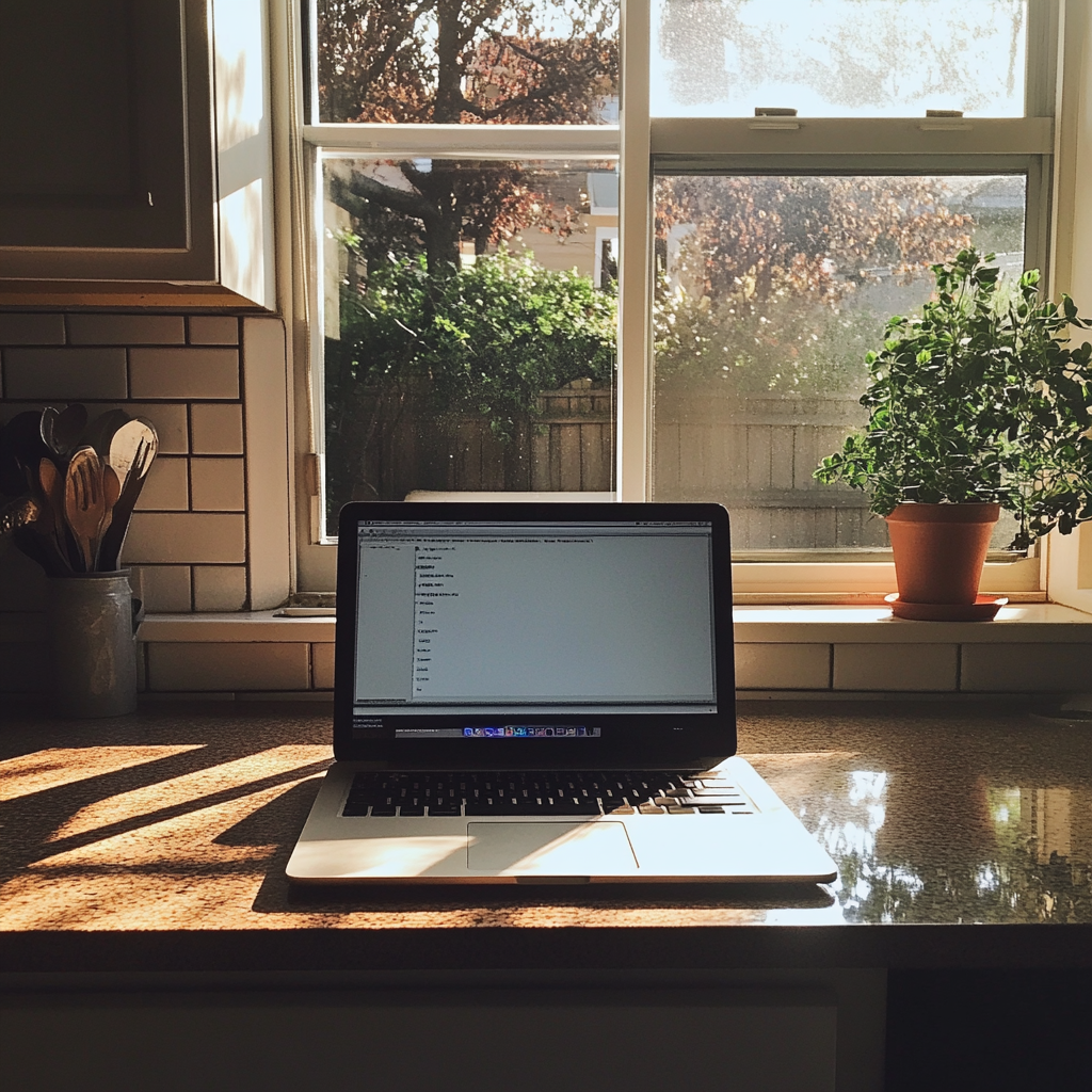 An open laptop on a kitchen counter | Source: No source