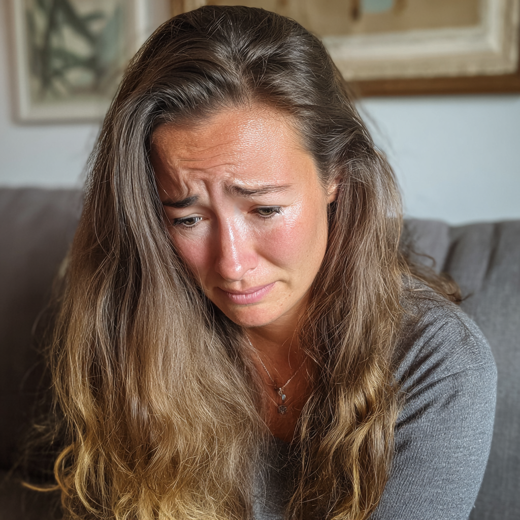 A crying woman sitting on a couch | Source: No source