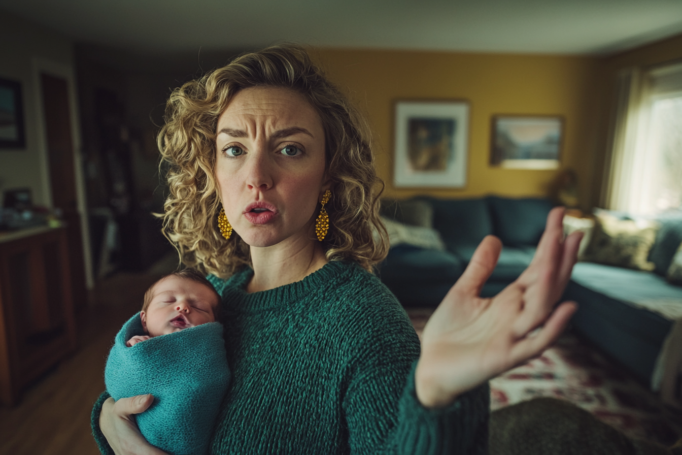 A woman in her 30s holding a newborn in a blanket, talking and waving her hand | Source: No source