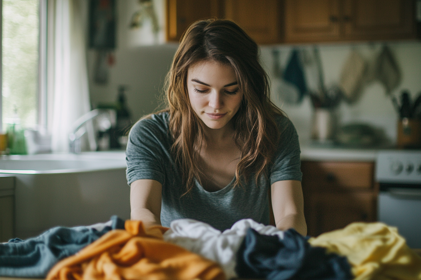 A woman placing laundry on a table | Source: No source