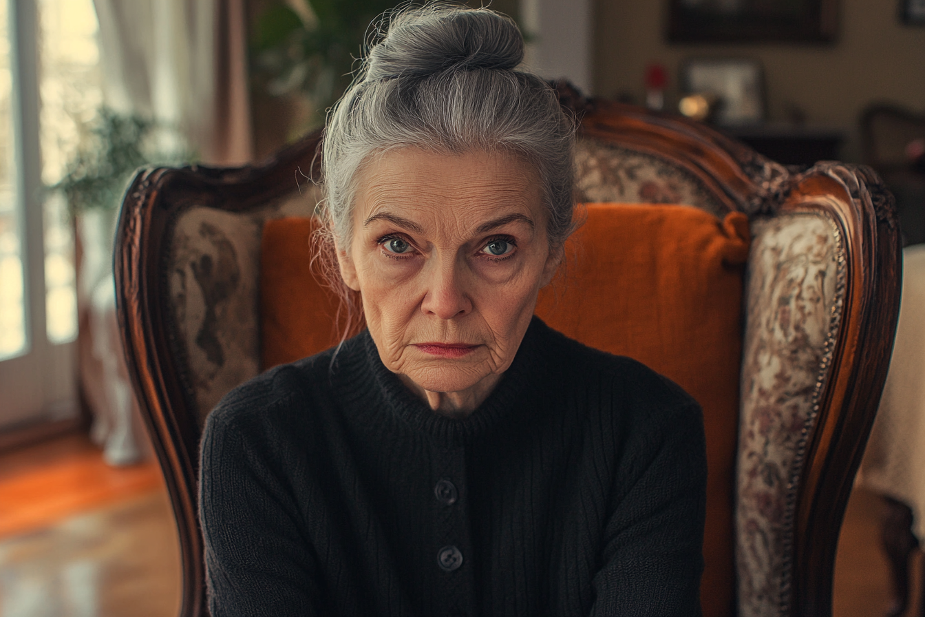 An elderly woman sitting in a wingback chair, looking serious | Source: no source