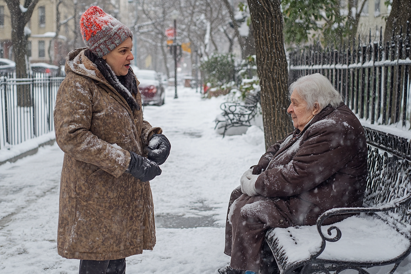Two women speaking in the cold | Source: no source