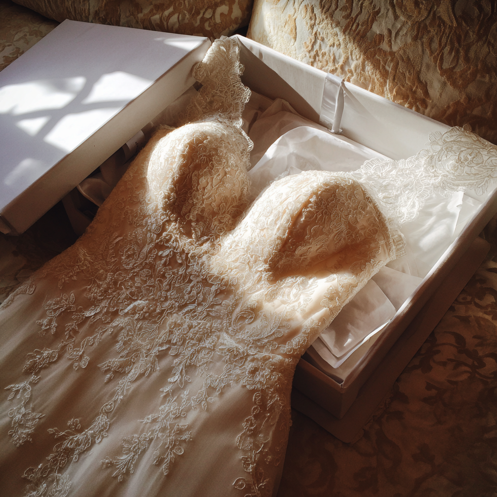 A wedding dress laying on a box | Source: No source