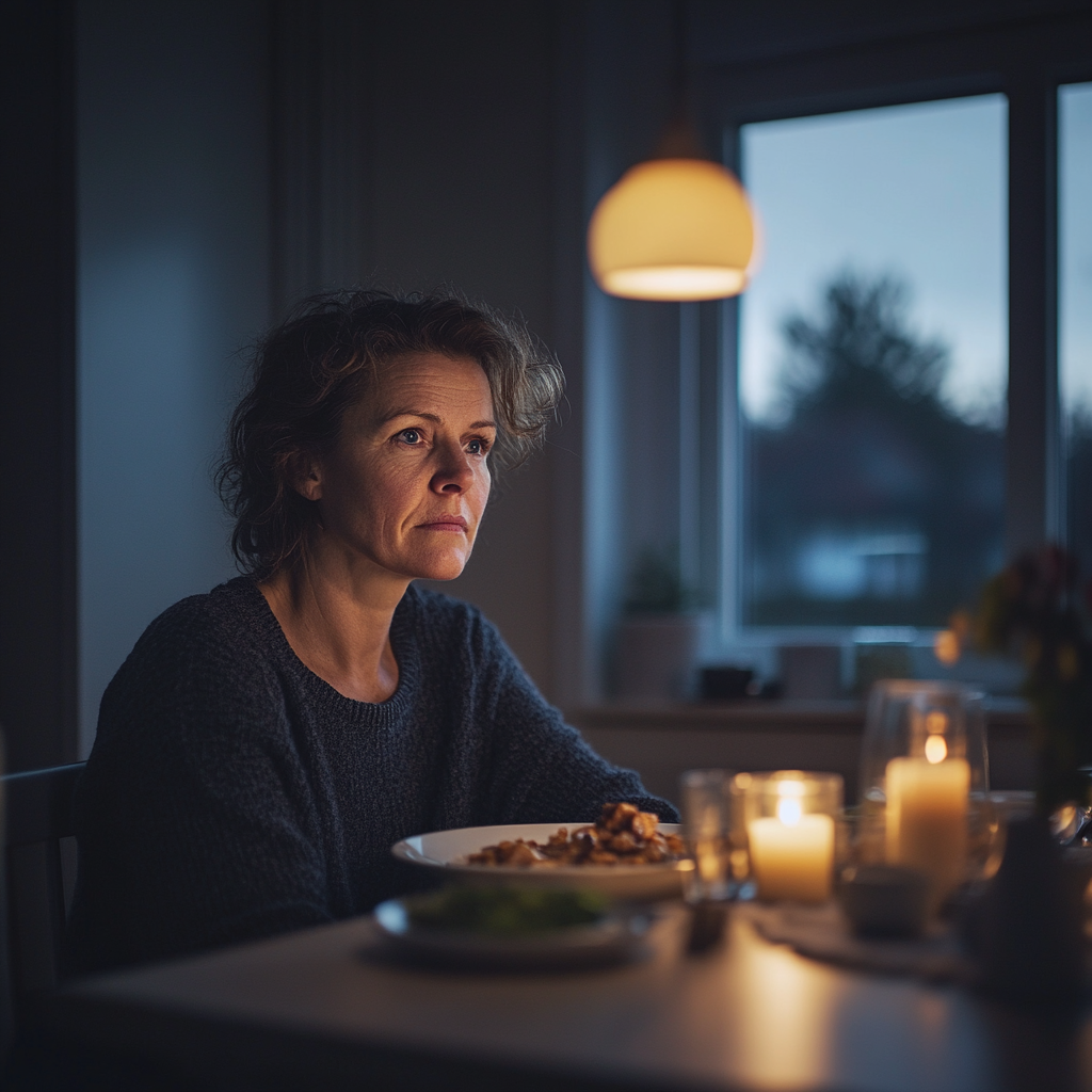 A serious-looking woman at dinner | Source: No source
