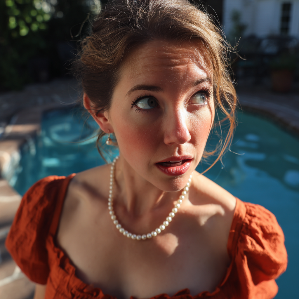 A startled woman standing by a pool | Source:  no source