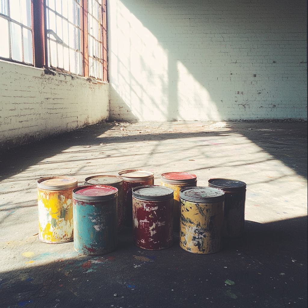 Tins of paint in an abandoned warehouse | Source: no source