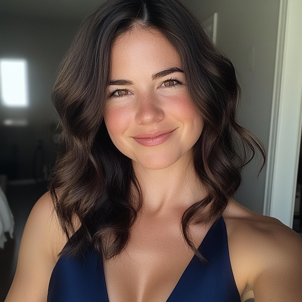 A smiling woman wearing a navy dress | Source: No source