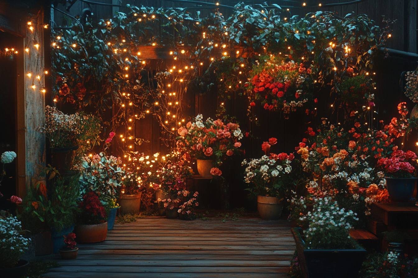 A back yard decorated with flowers and twinkling lights | Source: no source