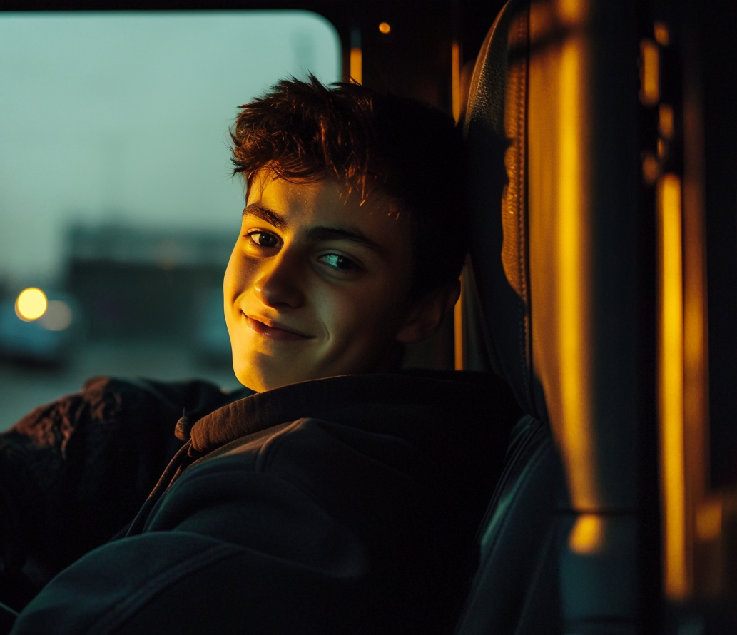A teenage boy smiling while sitting in the passenger seat of a truck | Source: No source