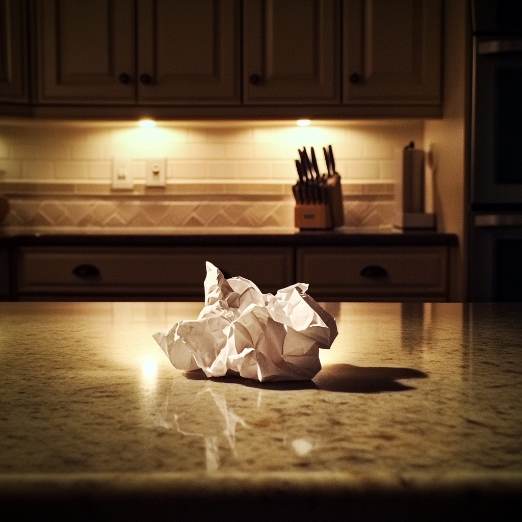 A crumpled piece of paper on a kitchen counter | Source: No source