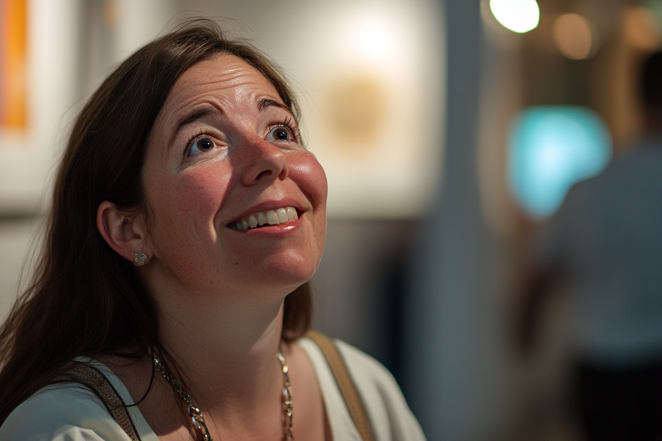 A happy woman at an art exhibition | Source: No source