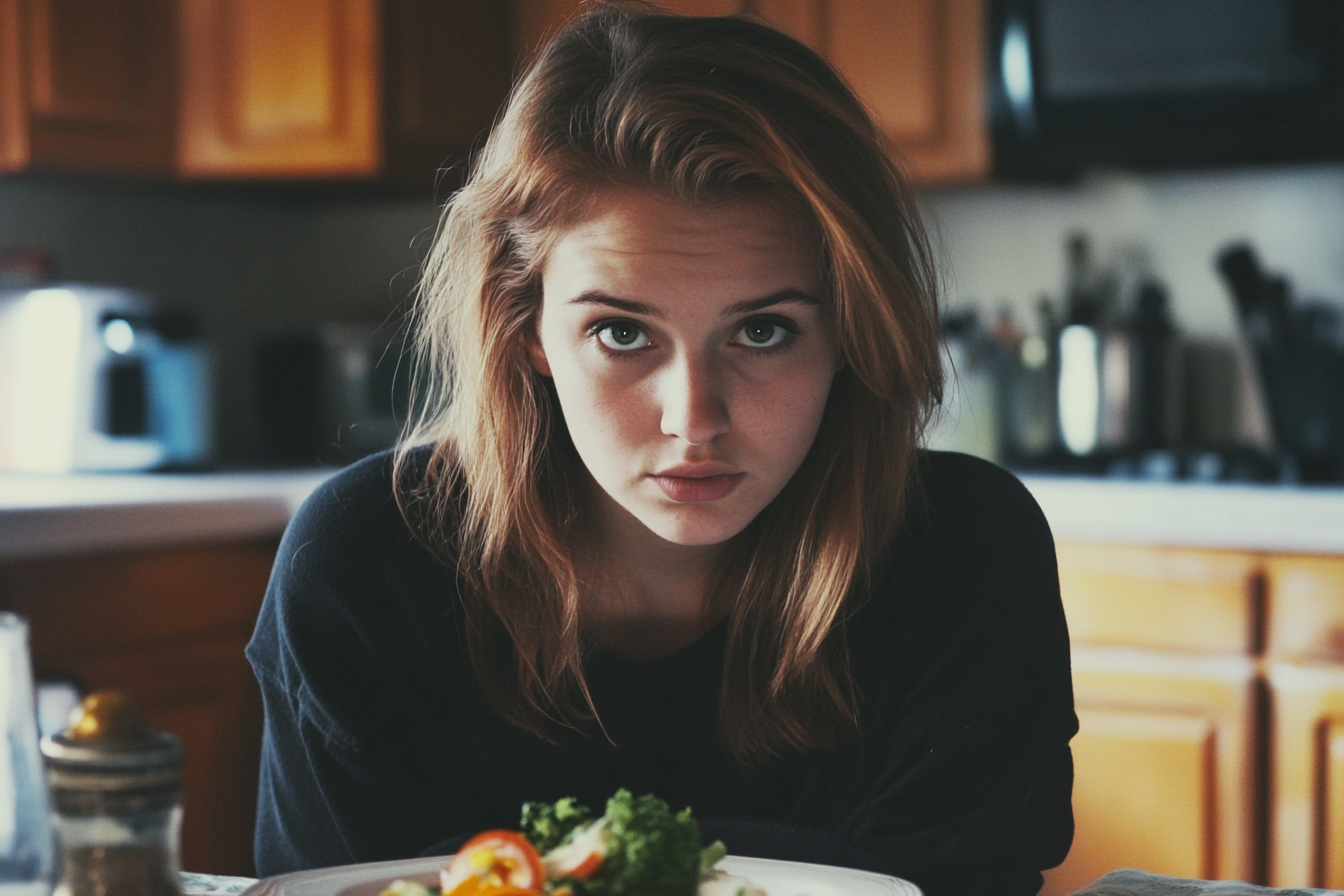 A tense woman seated at a dinner table | Source: no source
