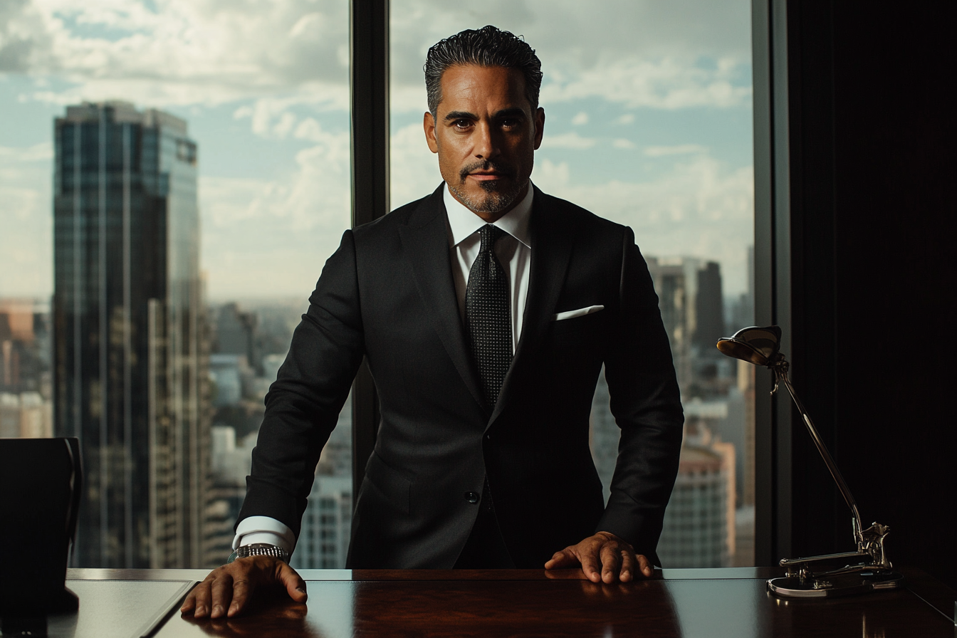 A man in an expensive suit leaning his hand on a mahogany desk with a small smile, windows behind him showing the skyline | Source: no source