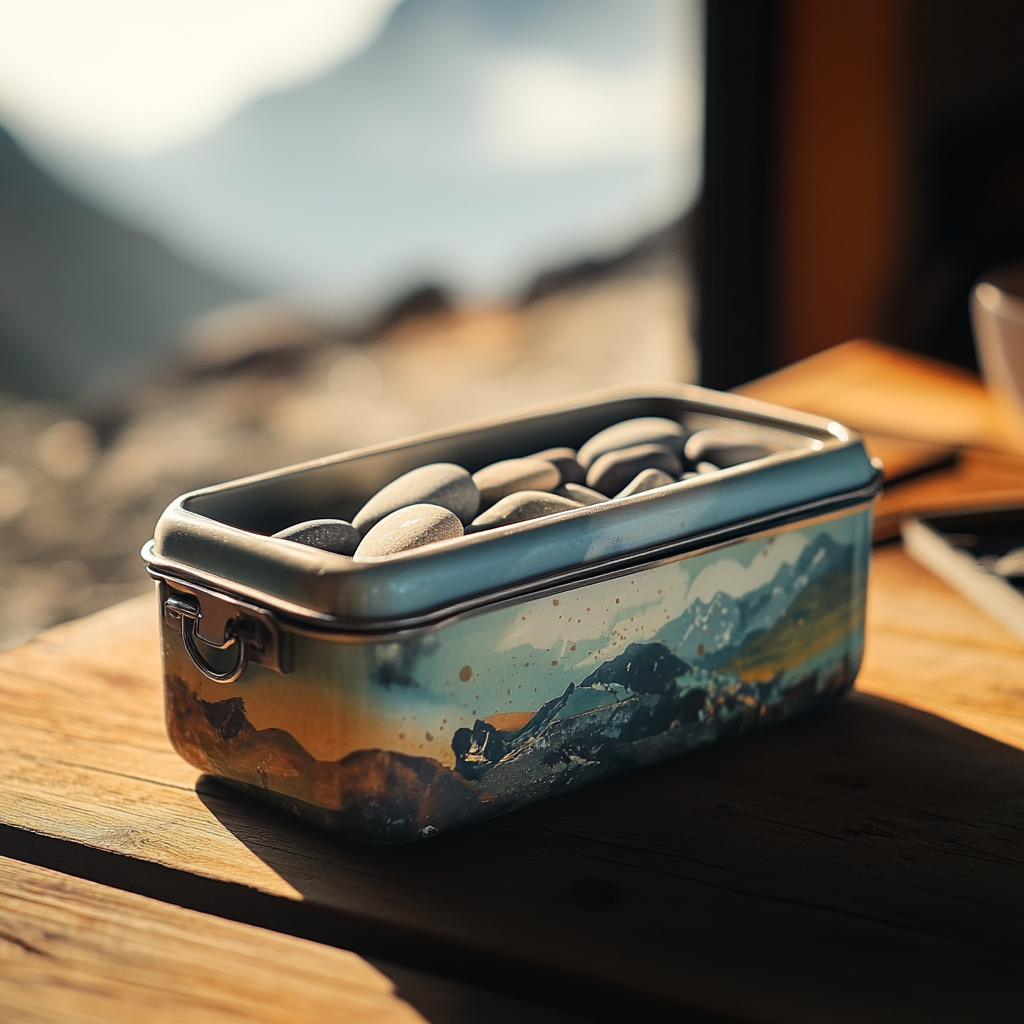A lunchbox filled with rocks | Source: No source