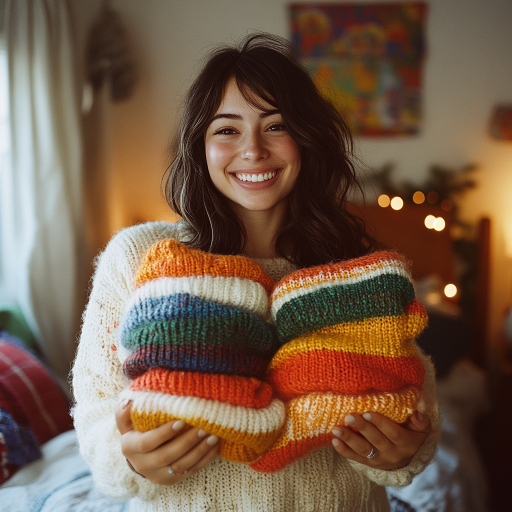 A woman holding sweaters | Source: no source