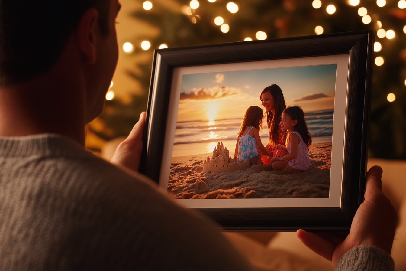 A man holding a framed photo of his wife and kids | Source: no source