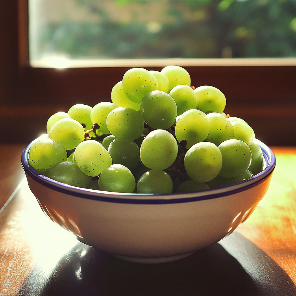 A bowl of green grapes on a table | Source: no source