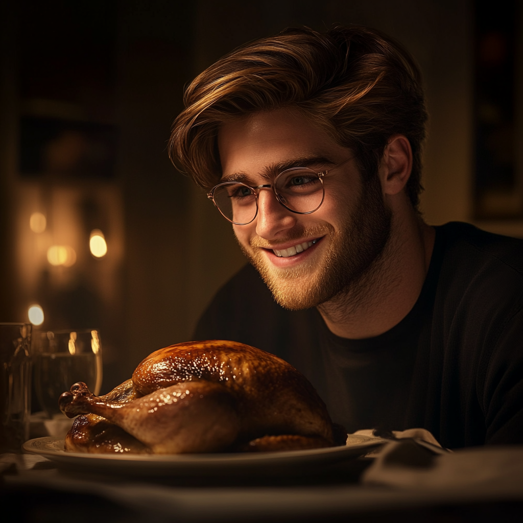 A man looking at his chicken roast and smiling | Source: No source