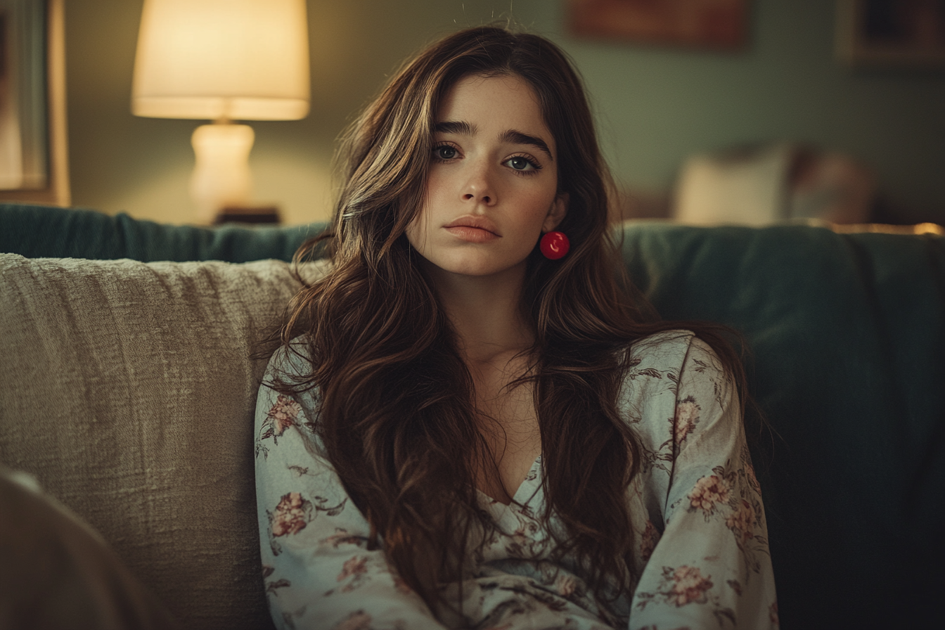 A sad woman in her 20s sitting on a couch at home in her pajamas | Source: No source
