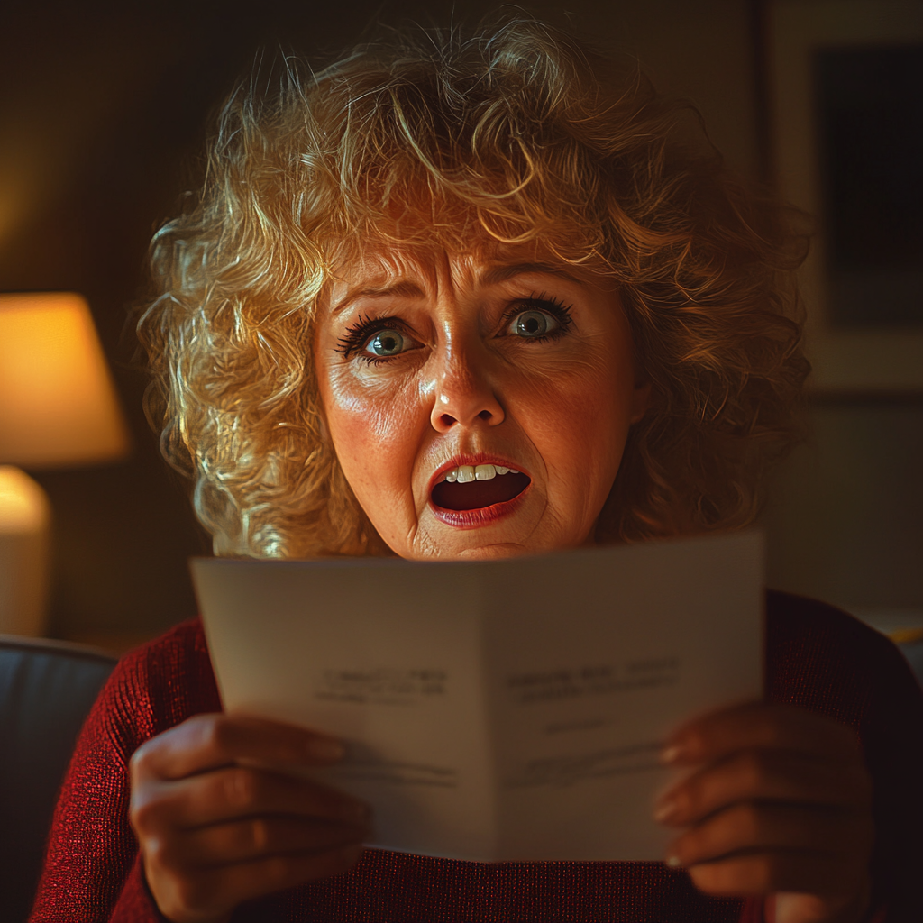 A shocked senior woman holding a piece of paper | Source: No source