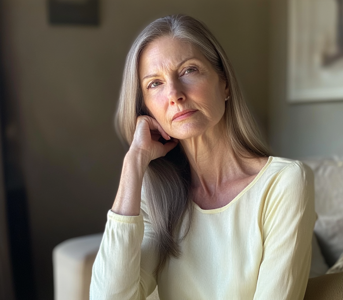 An upset older woman sitting on a couch | Source: no source