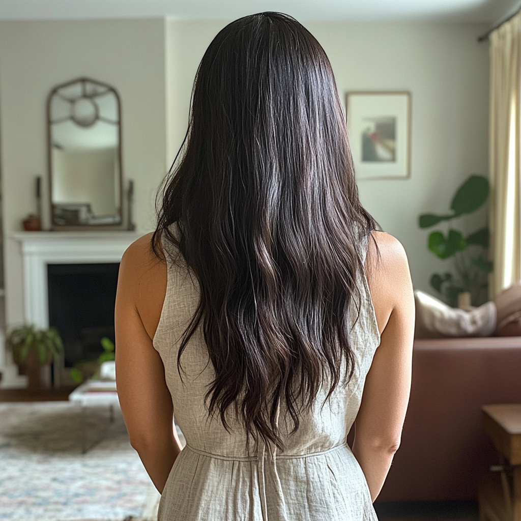 The rear view of a woman standing in a living room | Source: no source