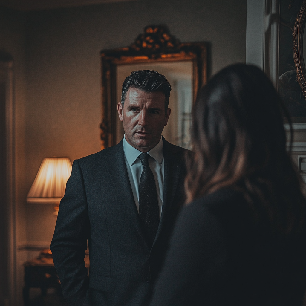 Man in a suit talking to his wife | Source: No source