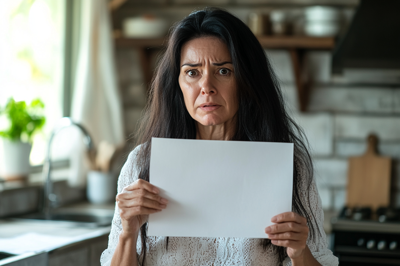 A heartbroken woman in a kitchen holding a paper page | Source: no source