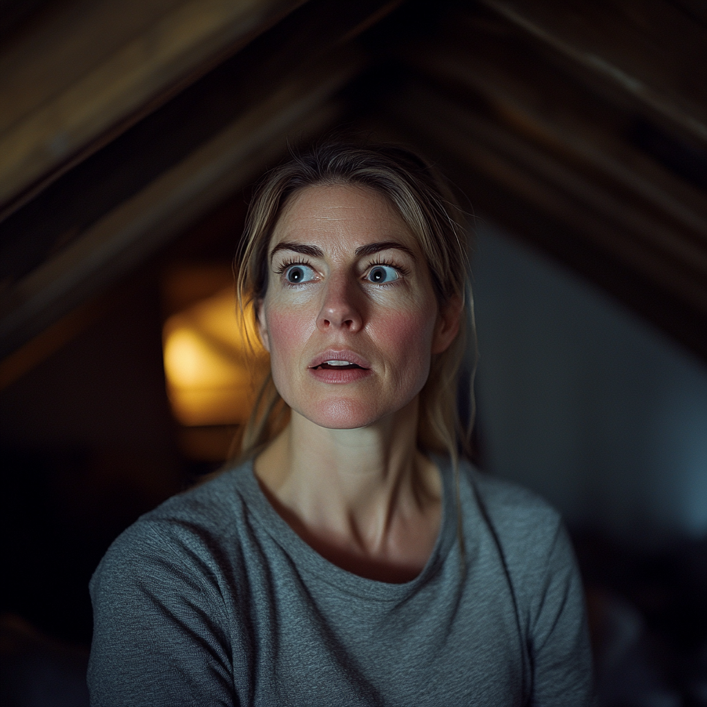 A woman is dumbfounded while standing in an attic | Source: no source