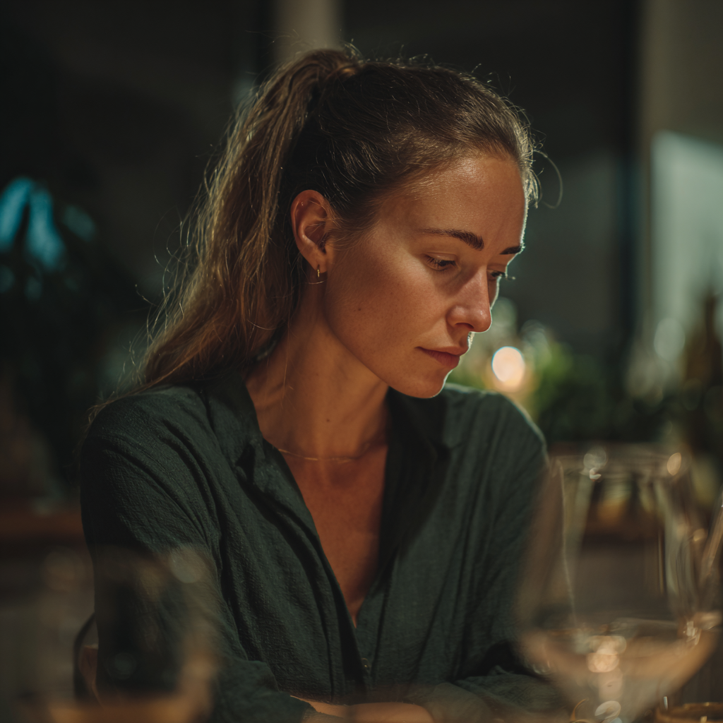 A woman looking down at a table | Source: no source