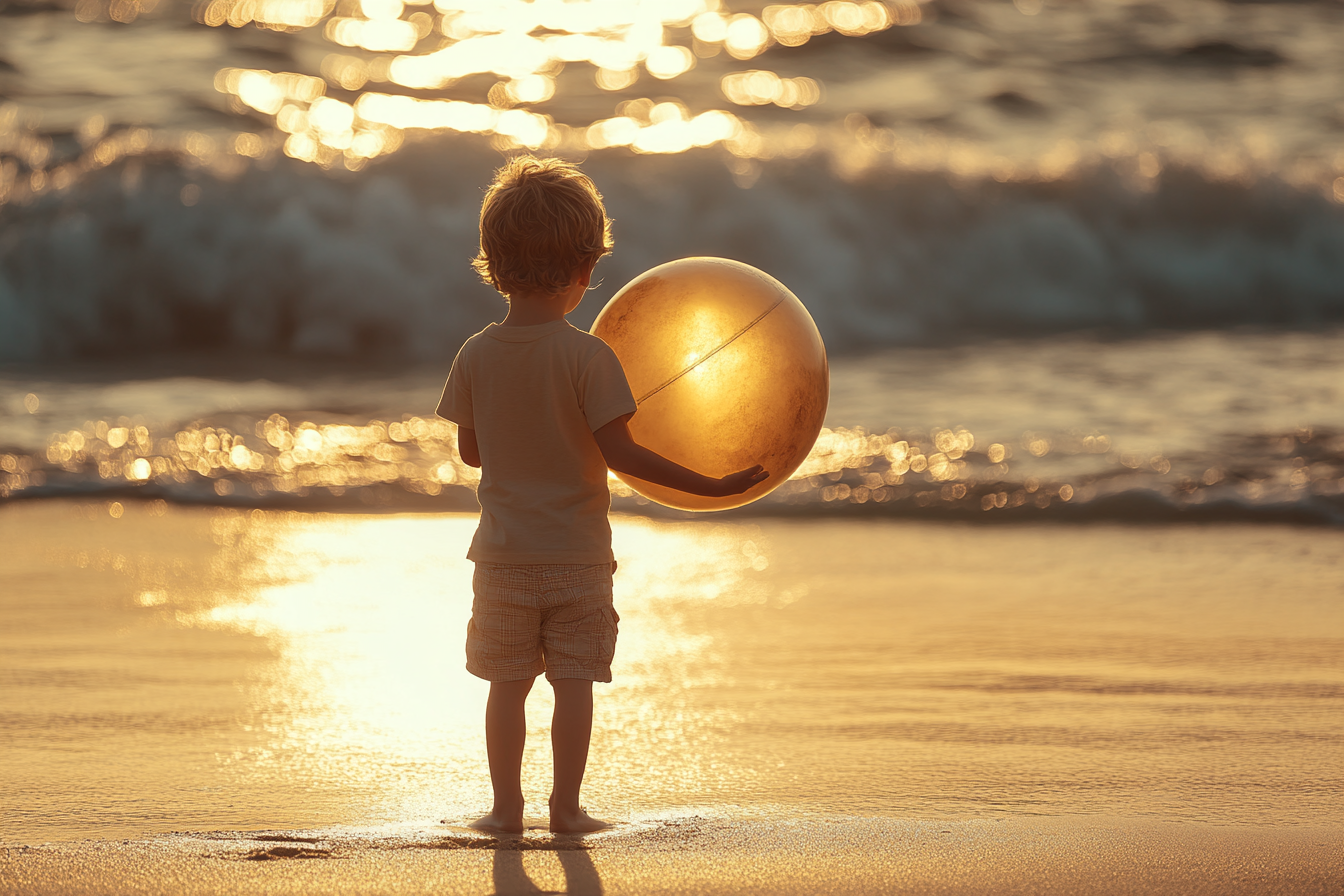 A little boy standing on the beach and holding a ball | Source: no source