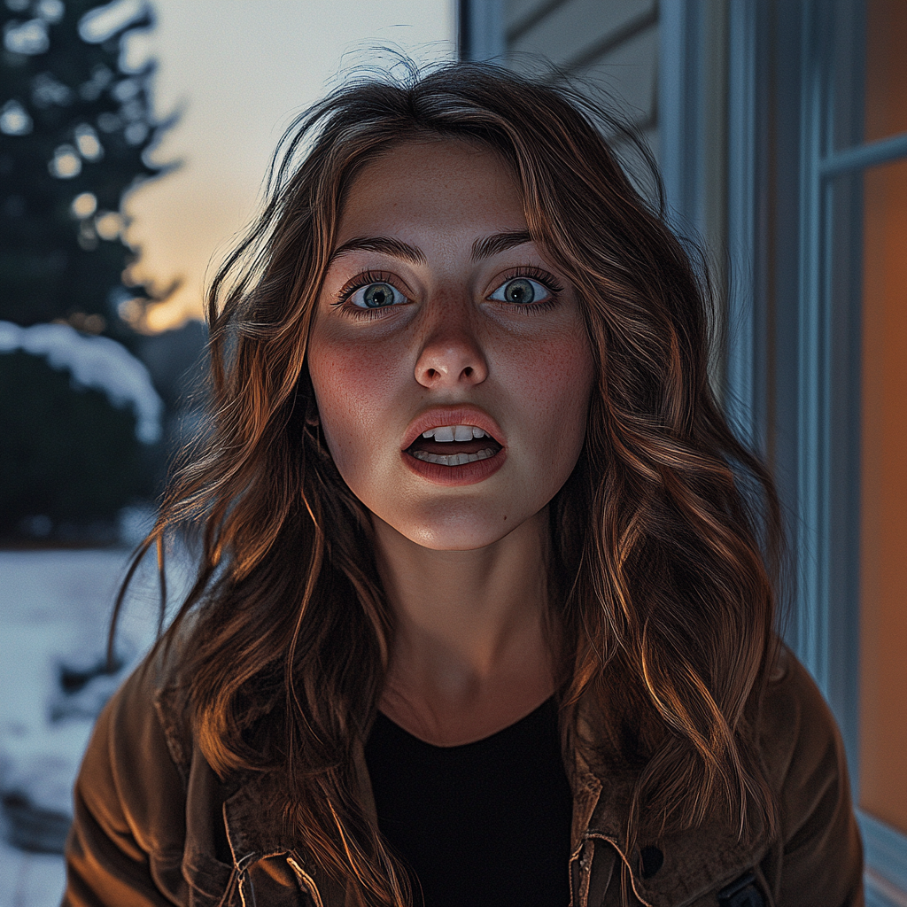A startled young woman standing outside her house | Source: No source